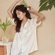 夏季新款超薄蕾絲拼接短袖短褲睡衣女緞面雪紡連體女士家居服套裝 白色 M