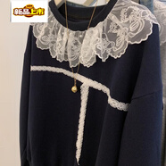 初徑韓版設計感蕾絲拼接圓領(lǐng)加絨加厚衛衣外套女秋冬慵懶風(fēng)娃娃衫上衣 藏藍色 S