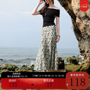 三彩2025夏季新款碎花半身裙斜裁A字裙松緊腰魚(yú)尾裙浪漫長(cháng)裙M 霧霾藍花卉 M 160/68A