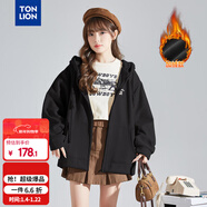 唐獅（TonLion）2025針織外套女休閑衛衣開(kāi)衫連帽上衣 加絨款/黑色 M