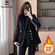 AEMAPE小香風(fēng)加厚紅色外套女2025秋冬裝新款名媛氣質(zhì)顯瘦西裝保暖上衣女 黑色 加厚 M 建議95-108斤