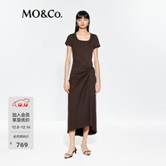 MO&Co.連衣裙夏扭結高腰短袖正肩長(cháng)裙MBE2DRS002可露麗穿搭 深棕色 M /165