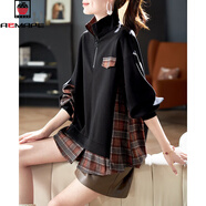 AEMAPE假兩件格子拼接衛衣女2025春秋冬新款韓系設計感寬松顯瘦棉質(zhì)上衣 黑色 L 建議115-125斤