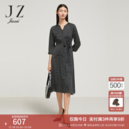 玖姿（JUZUI）真絲彈力緞?dòng)』ㄈ古b秋款撞色幾何氣質(zhì)收腰連衣裙 花黑 M