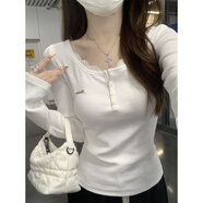 小紅書(shū)半開(kāi)領(lǐng)蕾絲紐扣長(cháng)袖女式t恤2025春秋季苗條韓國甜美別致內底上衣 白色 M 95105斤