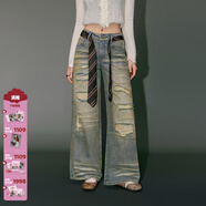 CHUU破洞闊腿牛仔褲女2026春季新品做舊抹臟字母燙鉆條紋腰帶長(cháng)褲 中牛仔藍 28