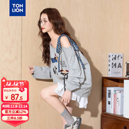 唐獅2025秋季新款斜肩長(cháng)袖T恤女小狗印花綁帶設計小眾露肩上衣潮