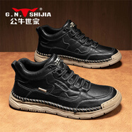 公牛世家（G.N.Shi Jia）男鞋冬季保暖棉鞋加絨鞋子男款戶(hù)外手工軟底高幫休閑皮鞋 黑色 41