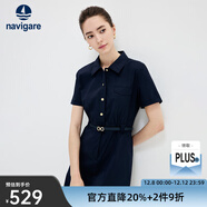 Navigare意大利小帆船短袖襯衫裙女士夏季時(shí)尚百搭小個(gè)子連衣裙簡(jiǎn)約中裙女 海軍藍 XL 碼
