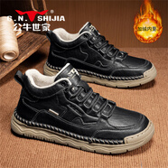 公牛世家（G.N.Shi Jia）男鞋冬季保暖棉鞋加絨鞋子男款戶(hù)外手工軟底高幫休閑皮鞋 黑色【加絨款】 42