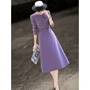 蘭瑟兒2026春季新款氣質(zhì)名媛優(yōu)雅蝴蝶結褶皺綿羊毛紫色毛呢連衣裙 紫色 S