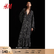 H&M女裝連衣裙秋季V領(lǐng)寬松法式休閑抽繩設計植物印花長(cháng)裙1225331 黑色/花卉 160/88 S