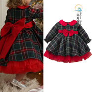南糖三色兒童圣誕節禮服裙超萌毛毛邊公主連衣裙格子網(wǎng)紗蝴蝶結連衣裙 紅色長(cháng)袖格子蝴蝶結連衣裙 100 cm 18-24M月