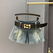 歐美風(fēng)牛仔超短裙女早秋復古減齡防走光a字裙褲顯瘦百褶半身裙子 復古藍 S S