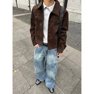 巴恩風(fēng)獵裝夾克深咖仿牛絨復古工裝翻領(lǐng)麂皮BOXY短款正肩版型外套 深棕色 S