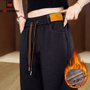 AEMAPE加厚加絨牛仔褲女2026秋冬新款高腰闊腿褲外穿寬松媽媽休閑長(cháng)褲子 黑色加絨 3XL 106-125斤