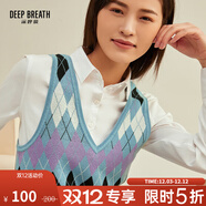 深呼吸DEEP BREATH女裝V領(lǐng)格紋拼色造型純棉針織衫馬甲A300360 藍紫菱格 S (2碼)