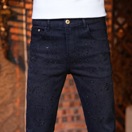 牧植男褲男褲歐貨高檔褲子燙印牛仔褲男士新款男款彈力修身休閑小腳褲 黑色 6861 36