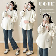 當彤秋冬孕婦衛衣新款休閑減齡加絨打底衫秋季u型寬松版遮肚孕婦上衣 杏色上衣 M