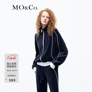 MO&Co.外套絲絨感撞色白條高領(lǐng)立領(lǐng)休閑短外套美式復古運動(dòng)摩安珂 深寶藍色 S 160