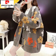 初徑大碼胖mm200斤中長(cháng)款毛衣開(kāi)衫女厚網(wǎng)紅ins韓版秋冬2024新款外套潮 深灰色【版】 彩色花朵 L【100-120斤】