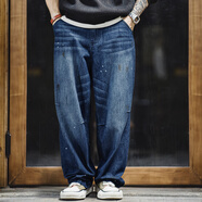 馬登 MADEN美式復古做舊磨白貓須牛仔褲寬松水洗丹寧潑墨直筒褲男秋 牛仔藍色 34