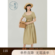 紫涵方領(lǐng)泡泡袖連衣裙女夏新款小眾蕾絲中長(cháng)裙高腰打攬七夕送女生 茶色 XS