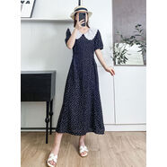 蕾絲娃娃領(lǐng)棉綢碎花連衣裙女夏2025獨特絕美人造棉掐腰顯瘦長(cháng)裙子 藏青黑底白圓點(diǎn) 4XL 4XL120-140
