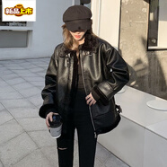 初徑皮毛一體加絨加厚冬新款外套女裝韓版顯瘦寬松百搭帥氣機車(chē)皮衣 黑色 S 建議85-105斤