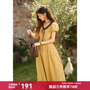謎秀波點(diǎn)連衣裙女2025夏季新款V領(lǐng)荷葉邊收腰花苞袖口袋裙 黃色 M
