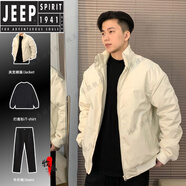 JEEP SPIRIT痞帥美式三防飛行夾克棉服男款冬季加厚保暖套裝工裝外套立領(lǐng)棉衣 【杏色棉衣+黑色打底衫+黑色牛仔褲】三件套 M (100-115斤)
