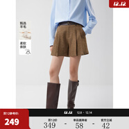 ELLE綿羊毛高級感毛呢休閑短褲女2025秋季新款拼接小個(gè)子闊腿褲子 深棕 L