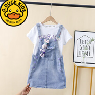 G.duck女童牛仔背帶褲套裝2025夏季新款中大童薄短褲短袖T恤吊帶兩件套 JR背帶裙+T恤 140 cm 建議8-11歲中大童