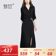 魅斑高級設計感法式復古性感開(kāi)叉連衣裙女2024春季新款顯瘦小黑裙 黑色 XL