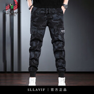 薩拉維夫（SLLAVIF）休閑褲男迷彩工裝褲潮牌束腳抽繩耐磨春季新款韓版潮流男褲子黑色 黑色 4XL 體重210以上