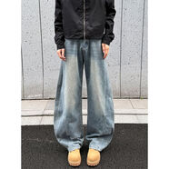 尊首（ZUNSHOU）胖子大碼復古痞帥闊腿褲高街水洗拼接大碼拖地彎刀牛仔褲男 藍色 M