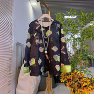 胖MM拼色挽袖盤(pán)扣花朵新中式小衫加肥大碼女裝韓版設計感百搭上衣 黑色 6XL 6XL建議190-220斤