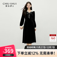 秋水伊人法式復古蕾絲花邊裙子2025年冬季新款赫本風(fēng)絲絨連衣裙 黑色 XL