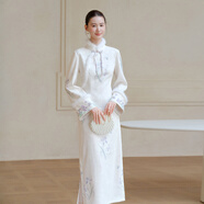 初蟬衣事新中式國風(fēng)鳶尾連衣裙女2025冬新款古典蝴蝶提花修身加絨改良旗袍 白紫鳶 XL （預定）