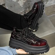 kangnai秋季男鞋2025新款黑色亮面厚底復古百搭工裝鞋棕色 漆皮- 紅色 38