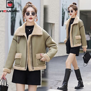 AEMAPE皮毛一體外套女短款2025秋冬季新款時(shí)尚設計感羊羔毛機車(chē)服夾克 淺綠色 L 115-130斤