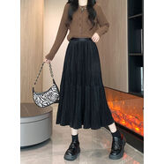 映棠配毛衣金絲絨百褶半身裙女松緊腰a字中長(cháng)裙寬松大擺傘裙秋冬 黑色 M M