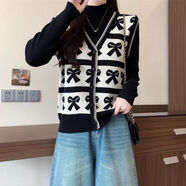 Radinka2025春秋新款馬甲女針織圓領(lǐng)背心外穿短款坎肩復古小熊毛衣MLS 時(shí)尚提花假兩件【黑色】 2XL