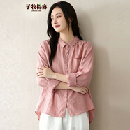 子牧棉麻秋裝 女文藝復古刺繡長(cháng)袖襯衫百搭寬松顯瘦上衣6515 粉色 XL (建議125-140斤)