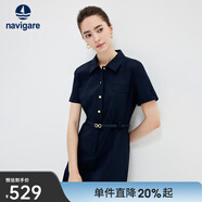 Navigare意大利小帆船短袖襯衫裙女士夏季時(shí)尚百搭小個(gè)子連衣裙簡(jiǎn)約中裙女 海軍藍 M 碼