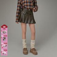 CHUU撞色仿PU皮百褶半身裙女2025秋季新款高腰小個(gè)子a字短裙子 咖啡色 S