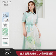熙然夏季新款新中式文藝氣質(zhì)藝術(shù)感油畫(huà)描繪純棉襯衫裙女長(cháng)裙 薄荷綠 XL