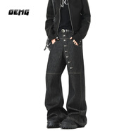 OEMG 美式復古排扣設計baggy丹寧彎刀牛仔褲男士秋冬季頂流高級感褲子 黑色 【高品質(zhì)】 L [建議100-110斤]