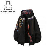 BOBBY ABLEY秋冬季高街美式印花加絨加厚連帽開(kāi)衫學(xué)院風(fēng)外套衛衣 【春秋款】W5023 黑色 M  【建議80-100斤】