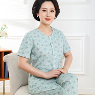 吉織嫚媽媽純棉開(kāi)衫睡衣女中老年人短袖長(cháng)褲家居服套裝吸汗透氣夏季薄款 B款-綠色（短袖長(cháng)褲套裝) XL （建議80-100斤）